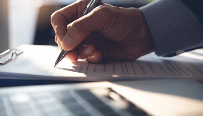 Mão assinando documento administrativo, representando a formalização de uma dispensa de licitação